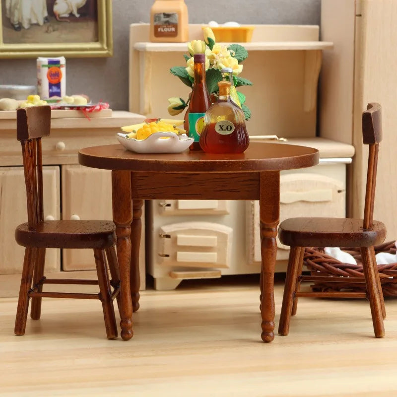 Miniature Wooden Round Table and Chair Set — Dollhouse Furniture Decor