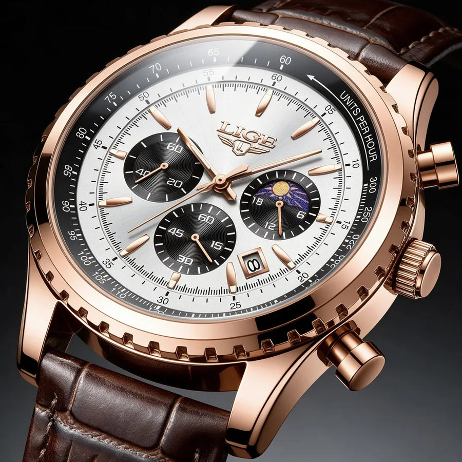 LIGE Luxury Men's Quartz Watch — Waterproof Leather Sport Chronograph
