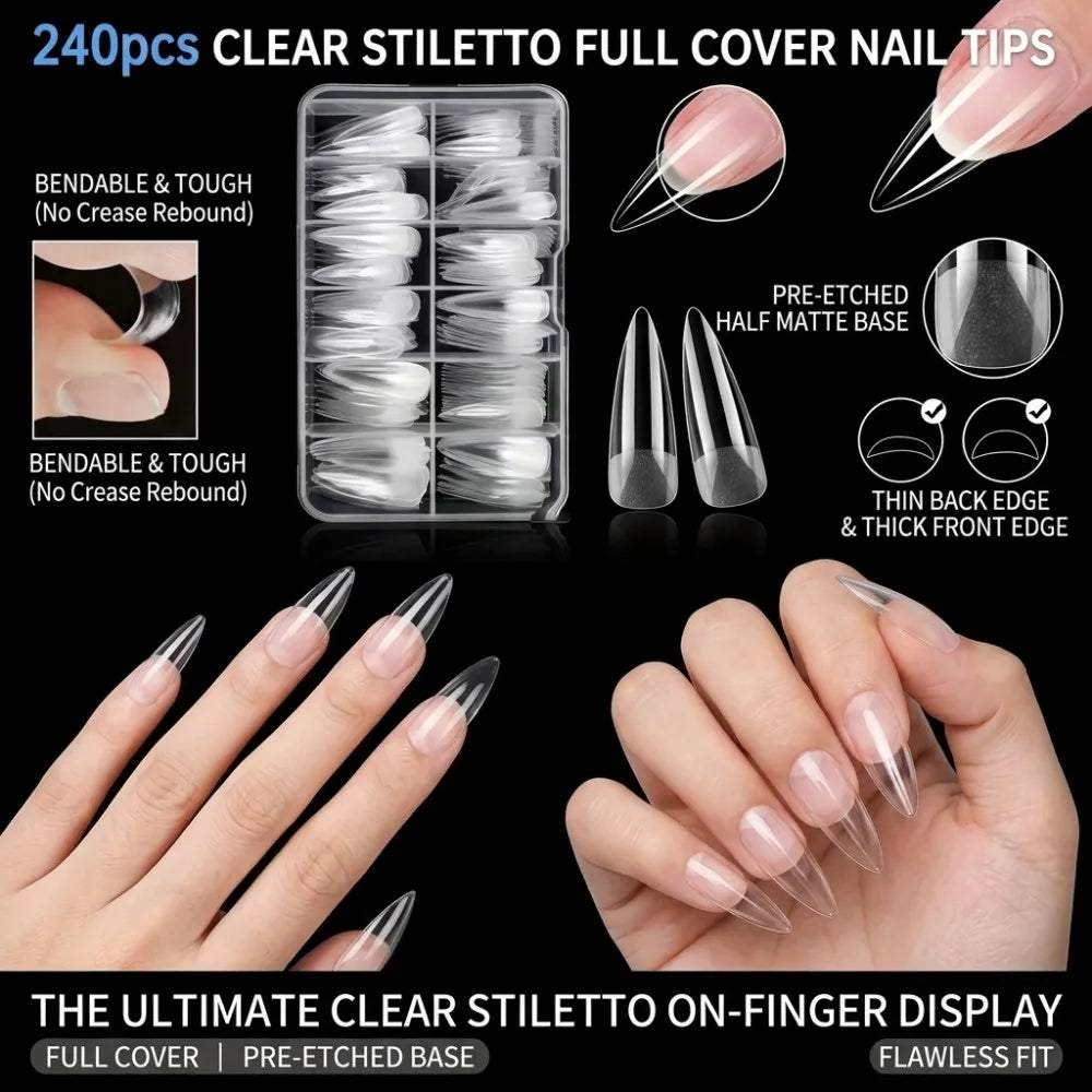 Stiletto False Nail Tips — Clear Full Cover Extensions for DIY Manicure