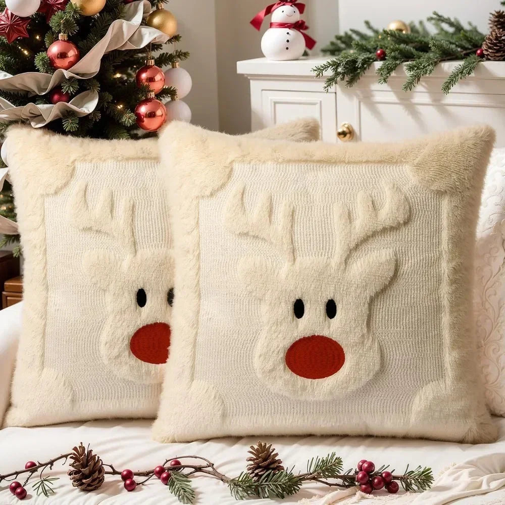 Fluffy Reindeer Cushion Cover — Soft Embroidered Holiday Pillow Slip