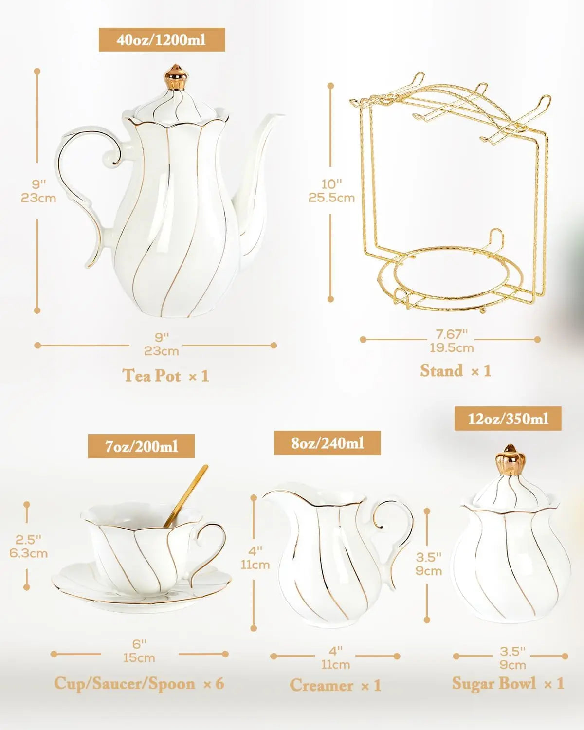 IOSN Luxury White Porcelain Tea Set — 22-Piece British Style with Gold Trim