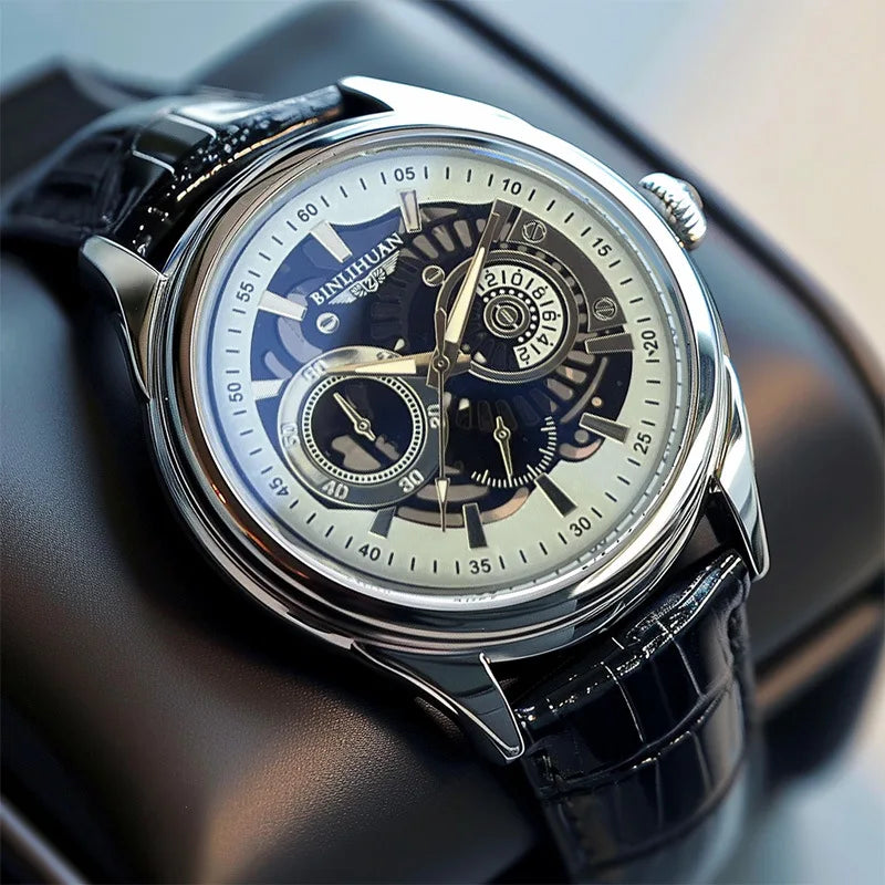 Men's Quartz Wristwatch — Elegant Leather Strap & Round Alloy Case