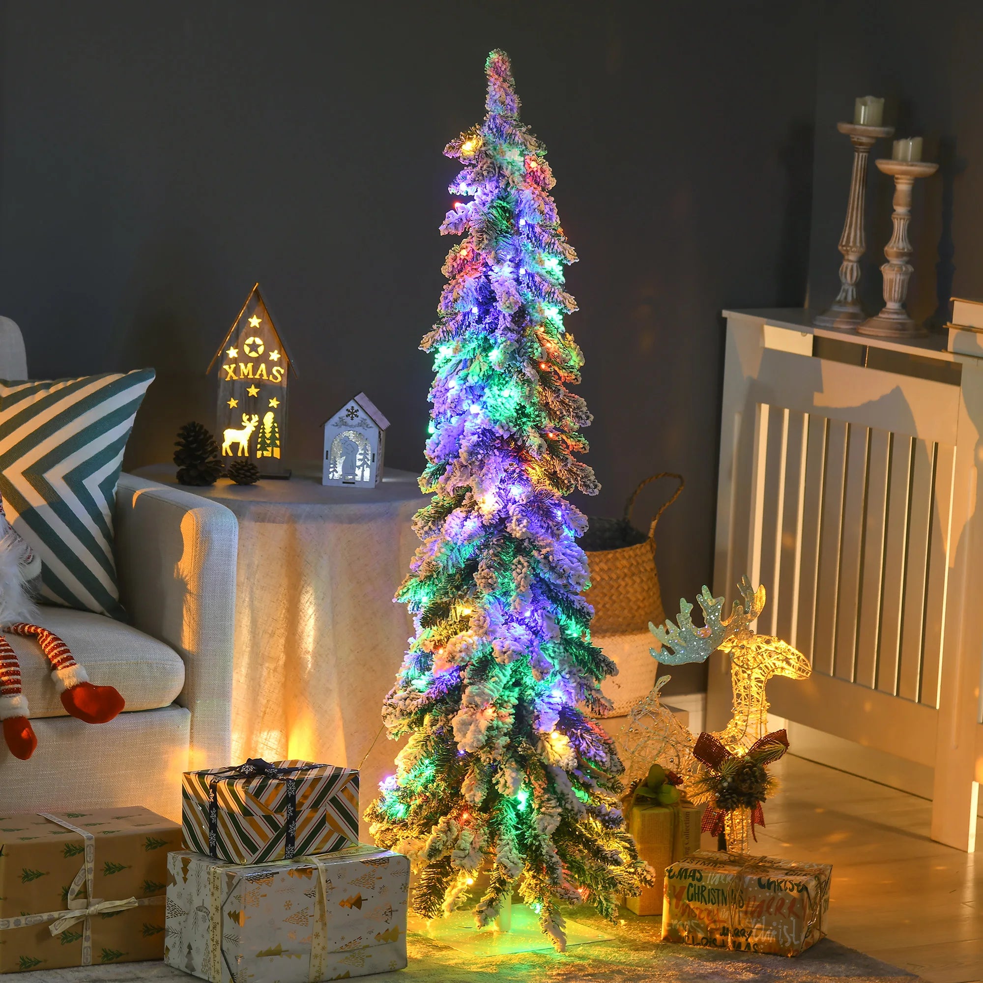 HOMCOM 4ft Slim Snow Artificial Christmas Tree — LED Lighted Pencil Tree