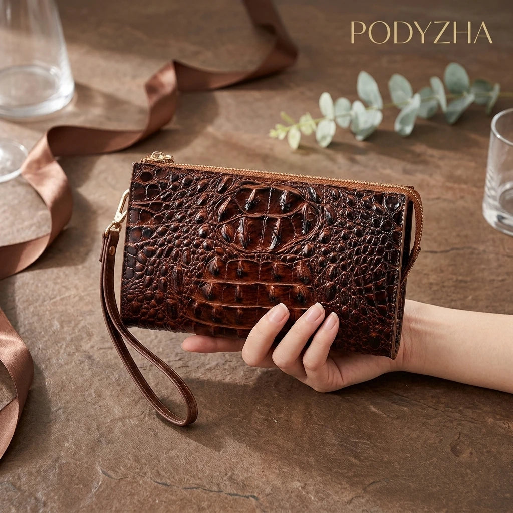 Crocodile Embossed Crossbody Wristlet — Versatile Clutch Bag with Adjustable Strap