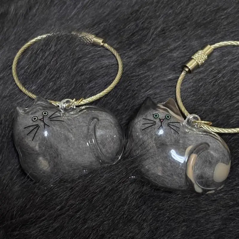 Cat Shaped Memorial Keepsake Charm — Pet Hair Storage Keychain Pendant