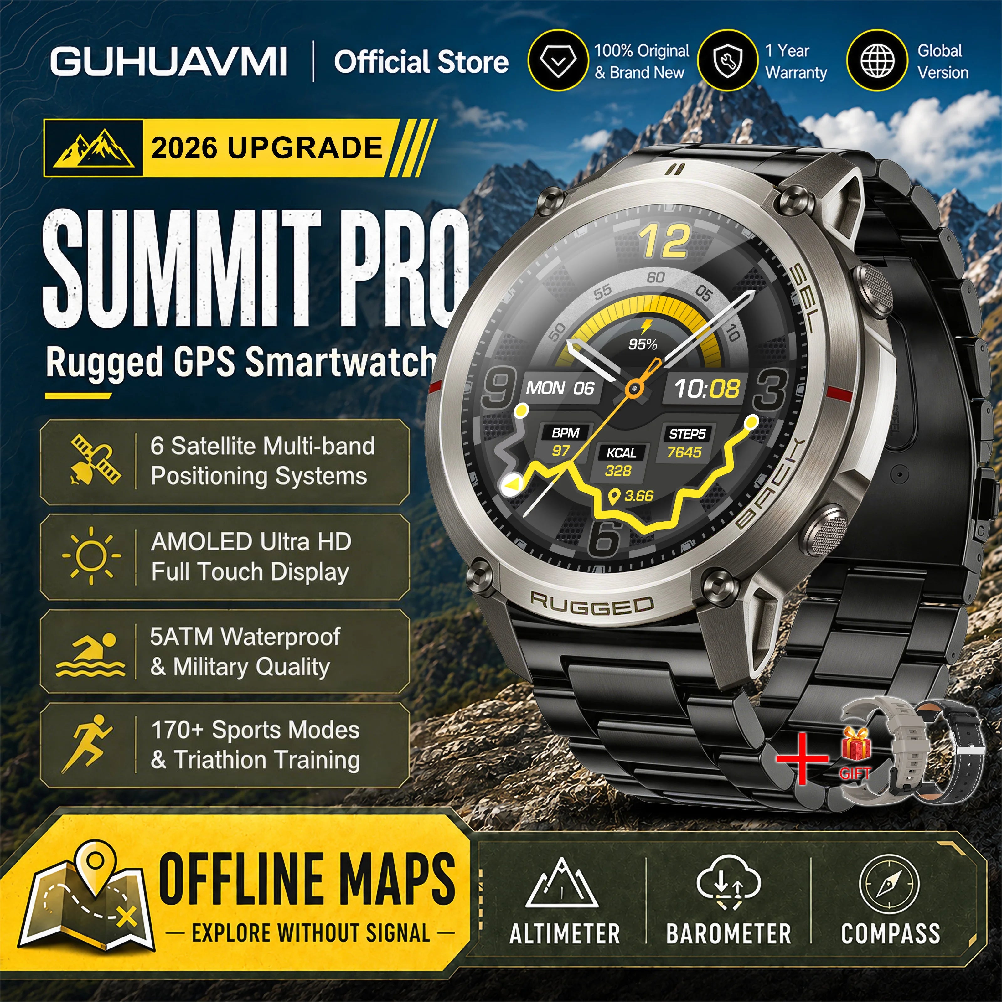 GUHUAVMI Military GPS Smartwatch — Offline Map & 5ATM Waterproof Sports Watch