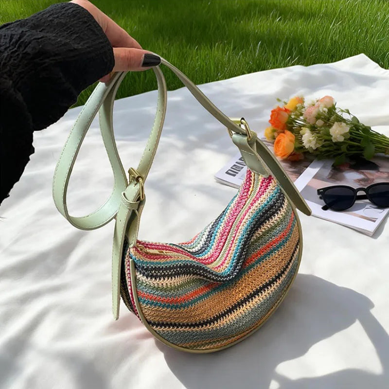 YIYUEQIANLI Bohemian Woven Hobo Bag — Versatile Striped Crossbody