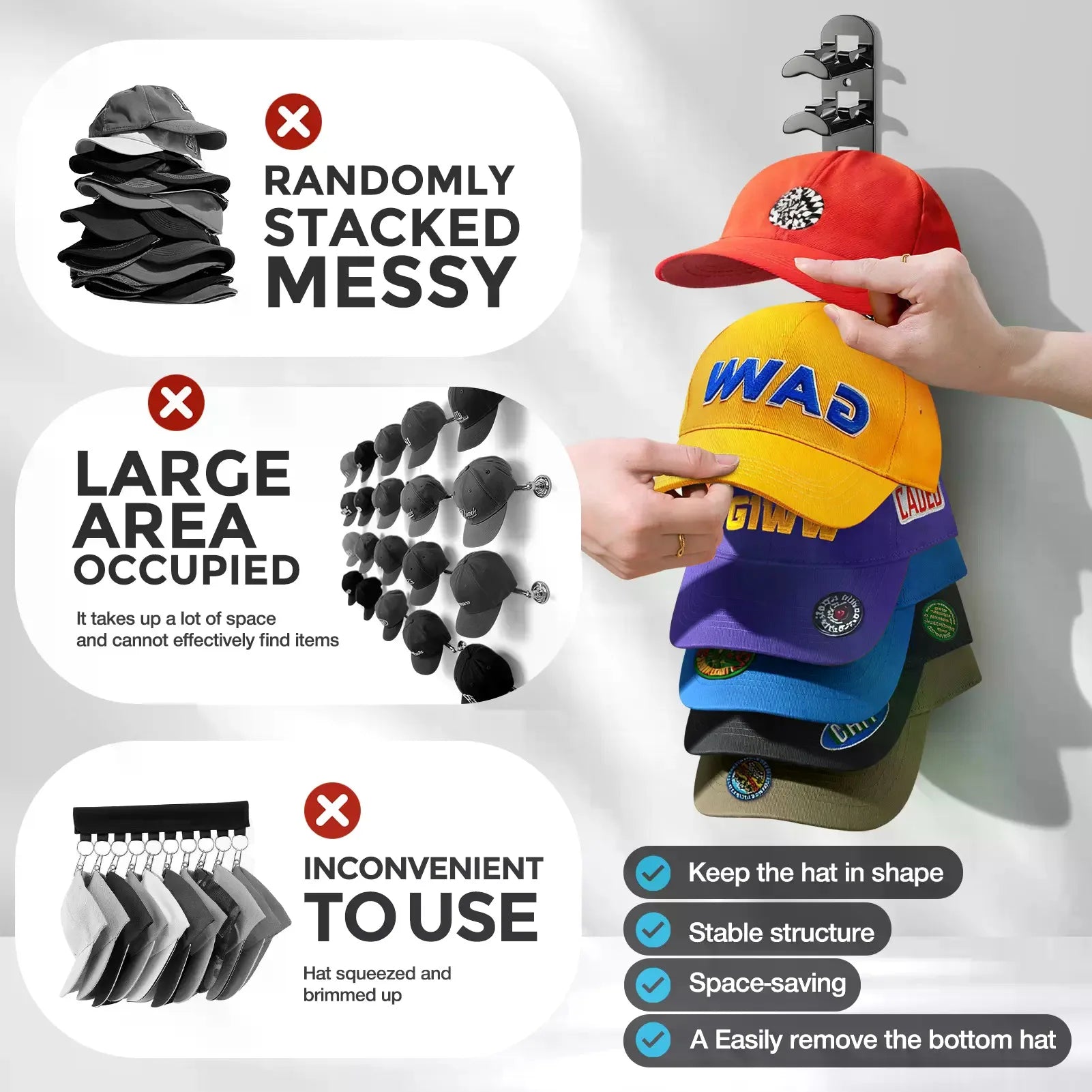 Wall-Mounted Hat Rack 2-Pack — Space-Saving Cap Organizer for Baseball Hats