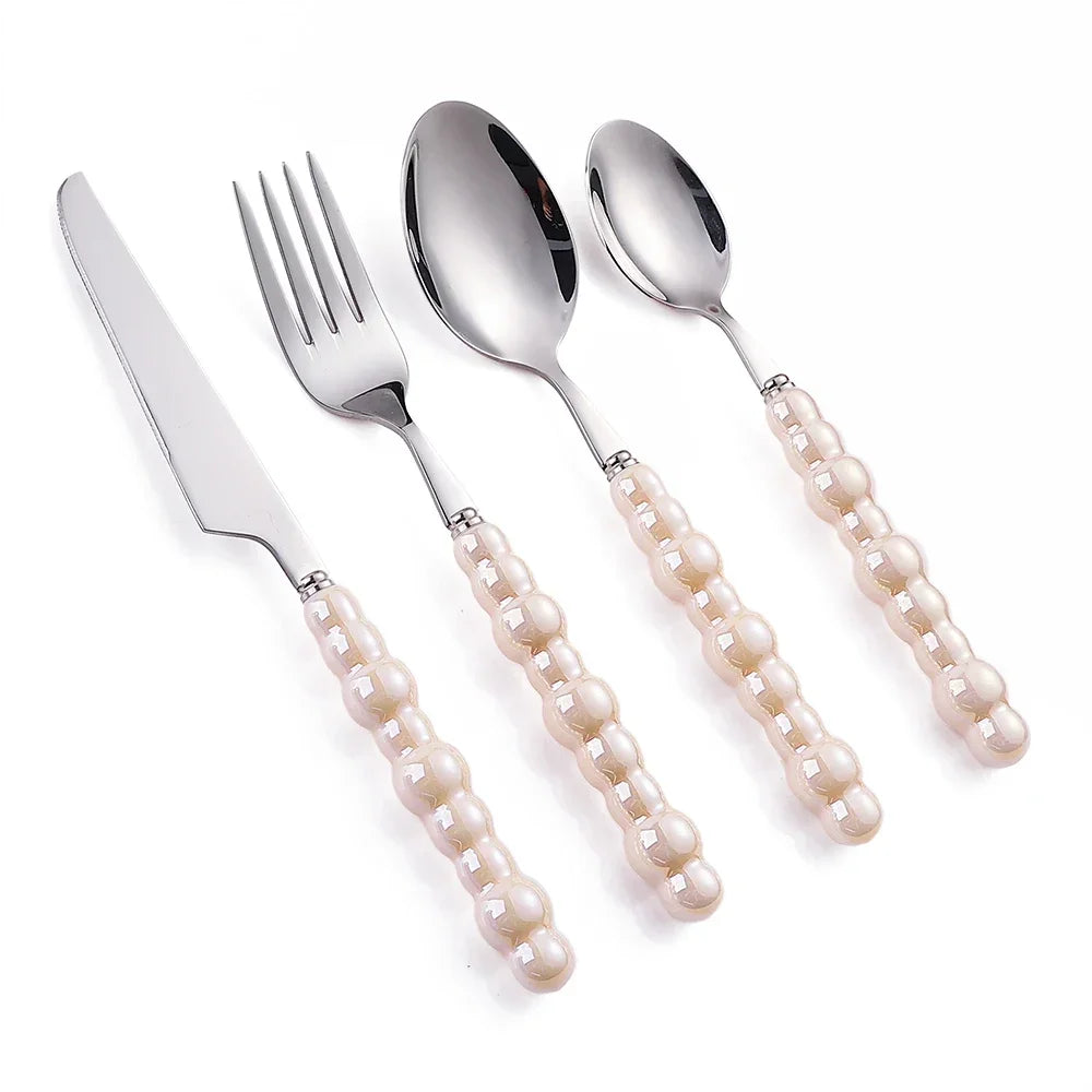 Luxury Ceramic Pearl Handle Cutlery Set — Stainless Steel Spoon and Fork Set