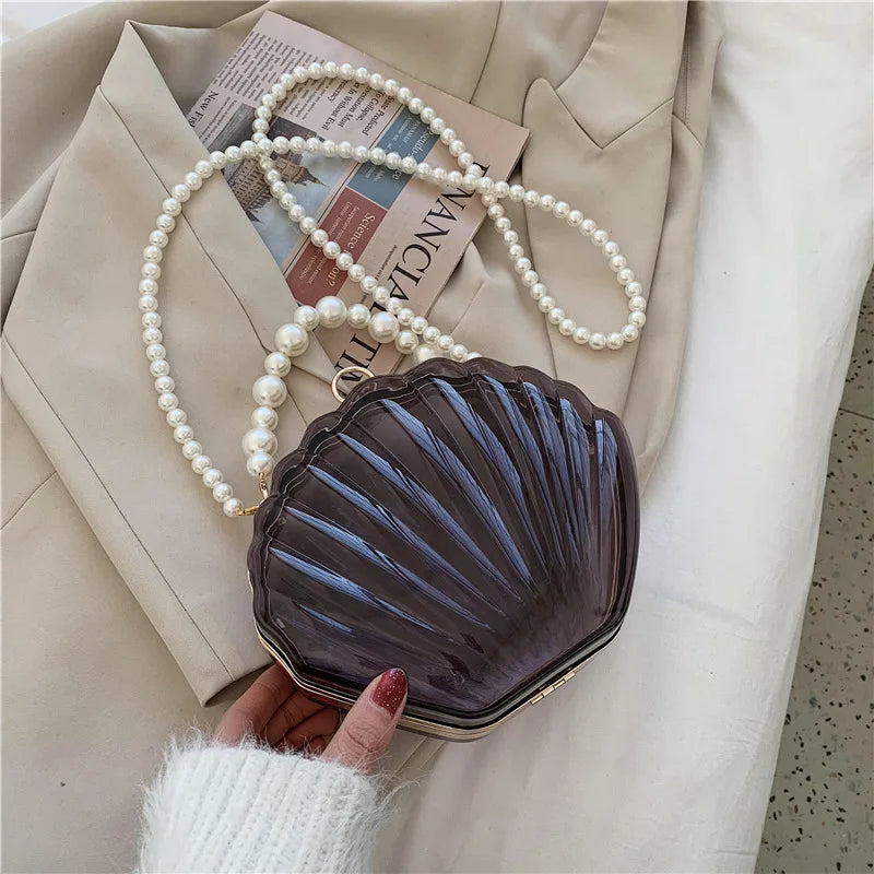 FENJING Transparent Shell Evening Bag — Pearl Chain Clutch & Crossbody Purse
