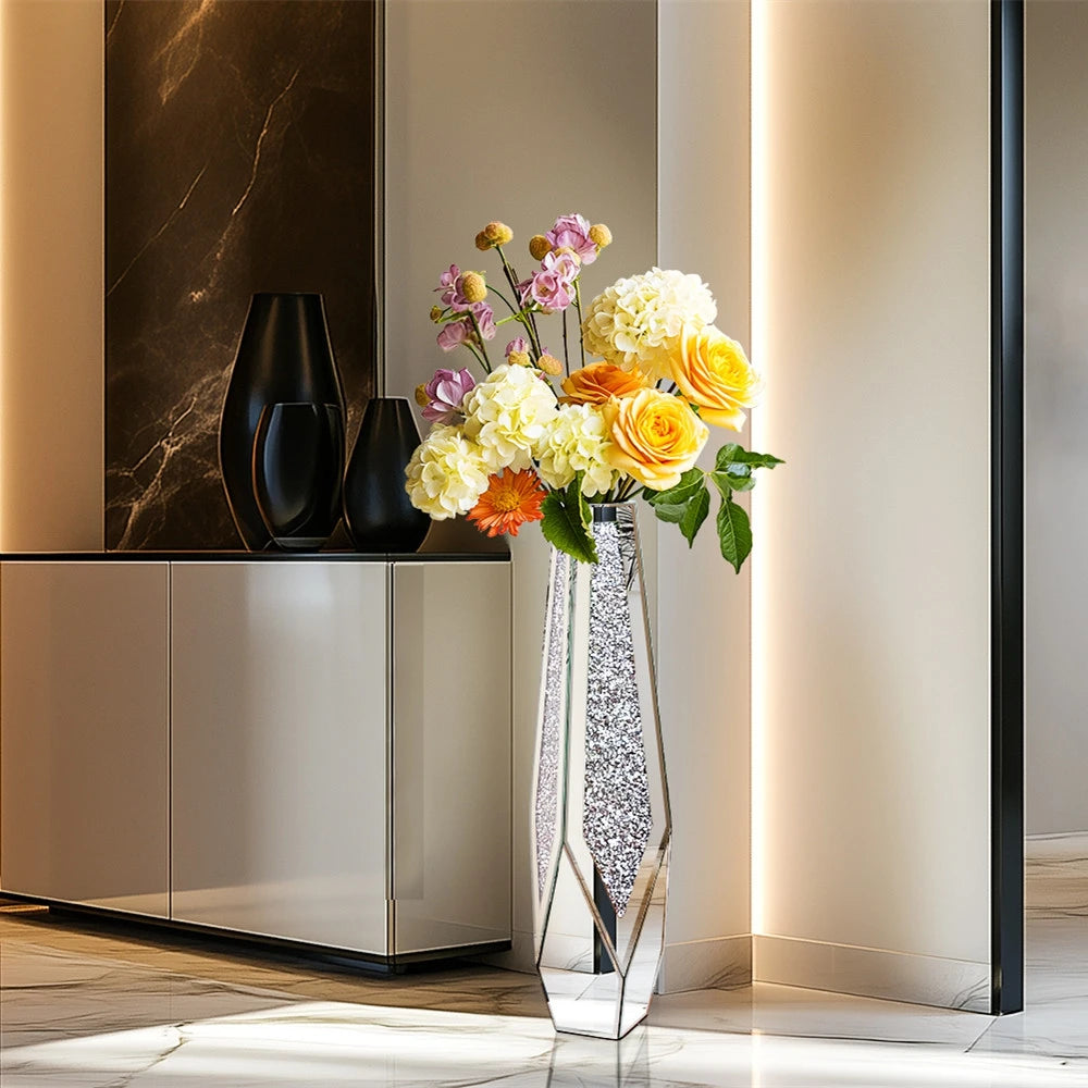Crushed Diamond Mirrored Flower Vase — Large Standing Floor Decor