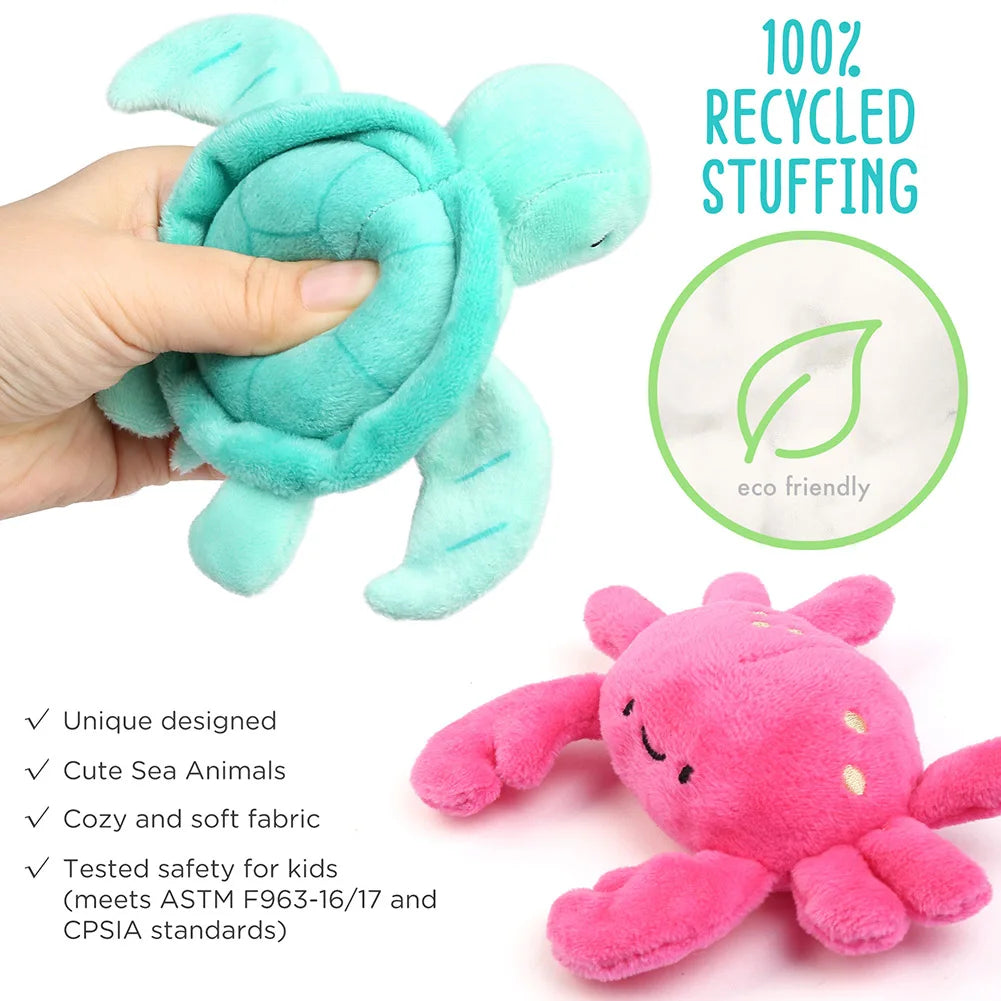Ocean Sea Creature Plush Set — 5 Piece Stuffed Animal Collection with Shell Bag