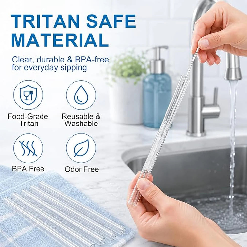 Reusable Plastic Replacement Straws — Clear 30cm Straws with Cleaning Brush