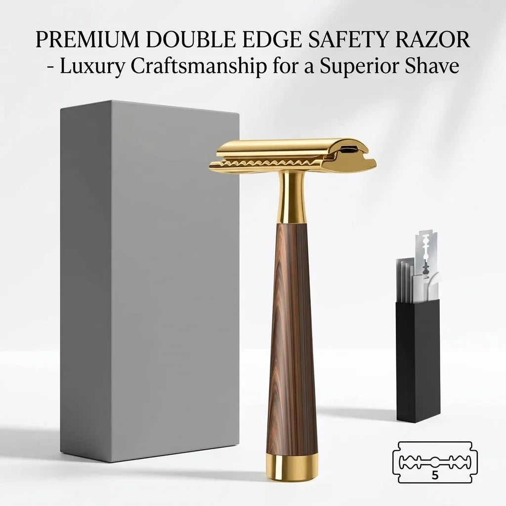 Double Edge Safety Razor — Manual Shaver with Wood Grain Handle