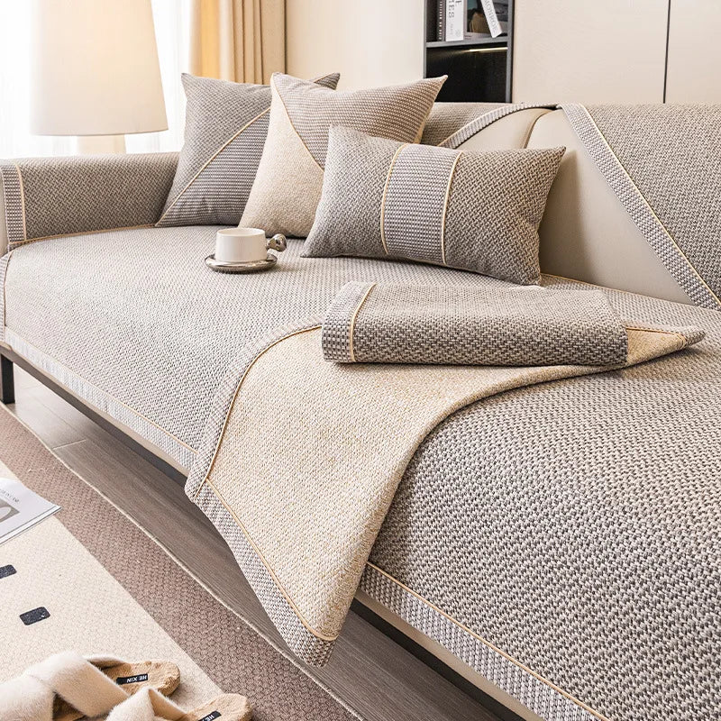 Woven Cotton and Linen Sofa Cover — Non-Slip All-Season Cushion Protector