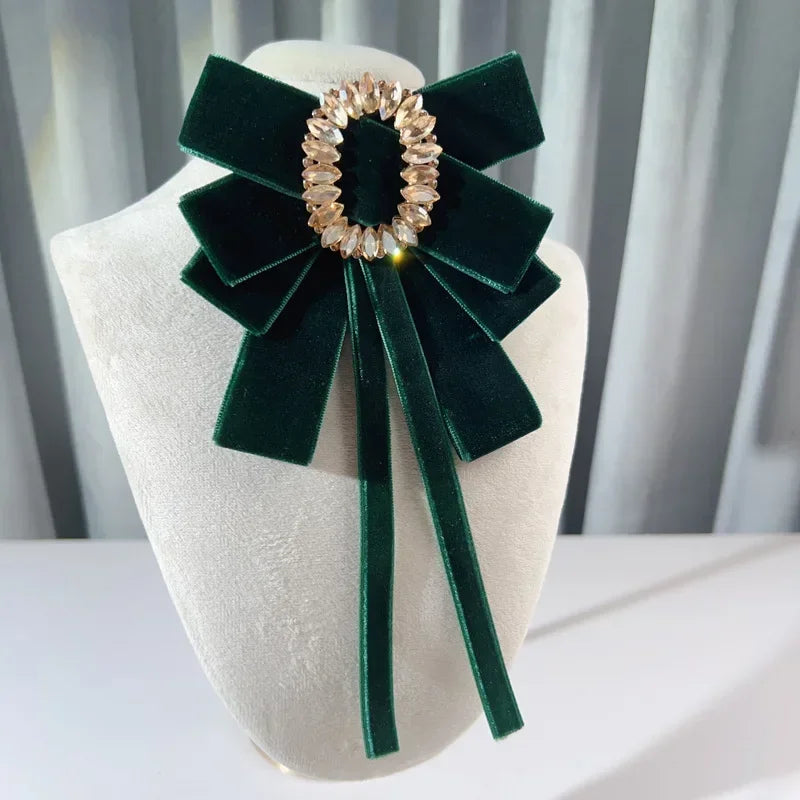 i-Remiel Velvet Bow Tie Brooch — Rhinestone Crystal Flower Pin