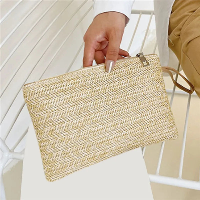Woven Straw Wristlet Clutch — Bohemian Beach Wallet & Phone Pouch