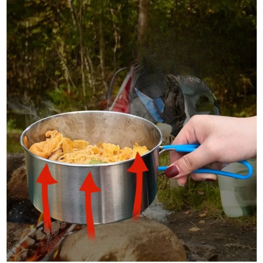 8-Piece Stainless Steel Camping Cookware Set — Portable Foldable Pot & Kettle