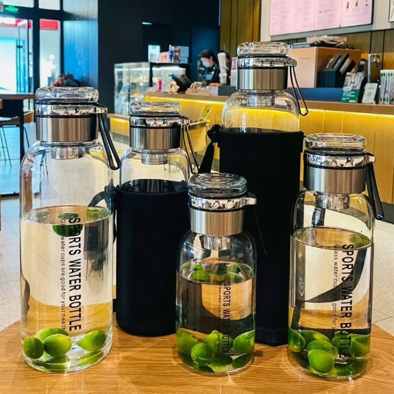 Large Capacity Glass Water Bottle — Heat-Resistant Tea Brewing Cup with Lid