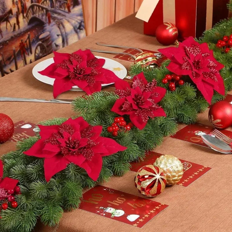 Glitter Artificial Poinsettia Flowers — Festive Holiday Tree Ornaments