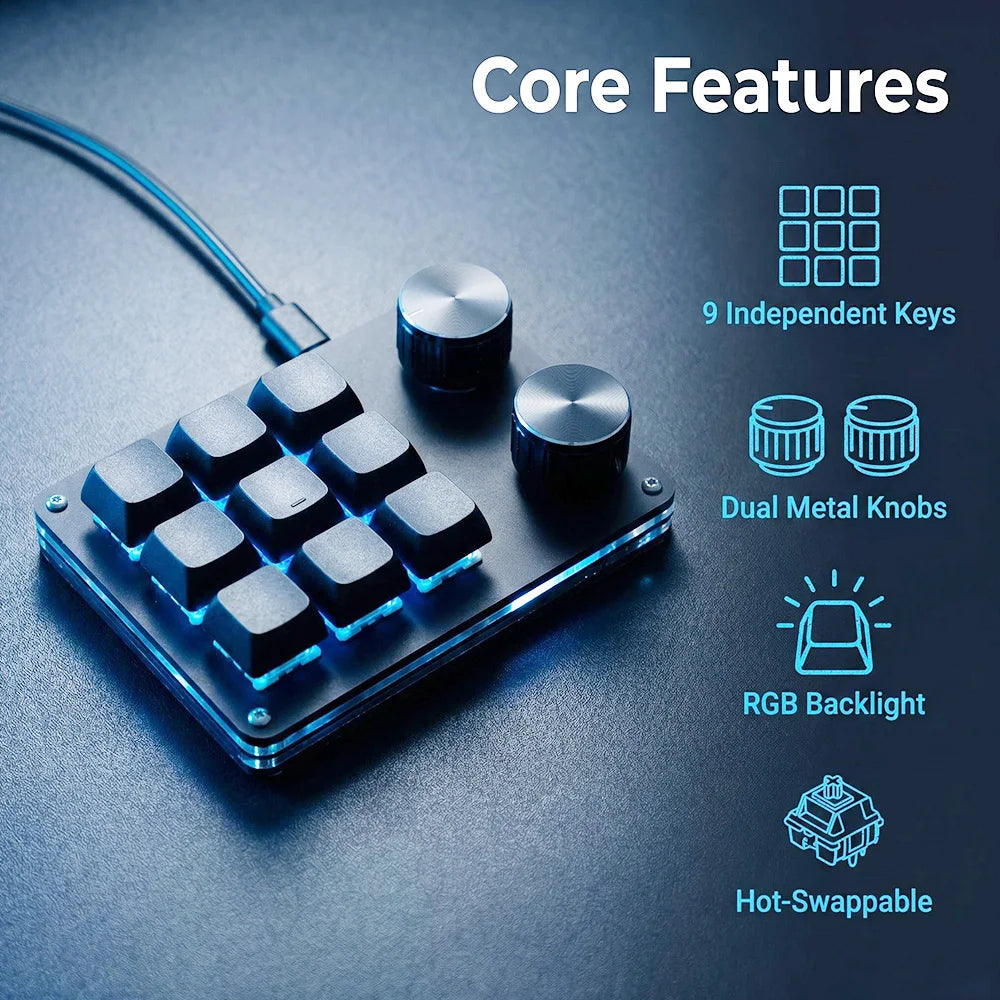 9-Key Multi-Functional Macro Keyboard — Customizable Mechanical Editing Tool