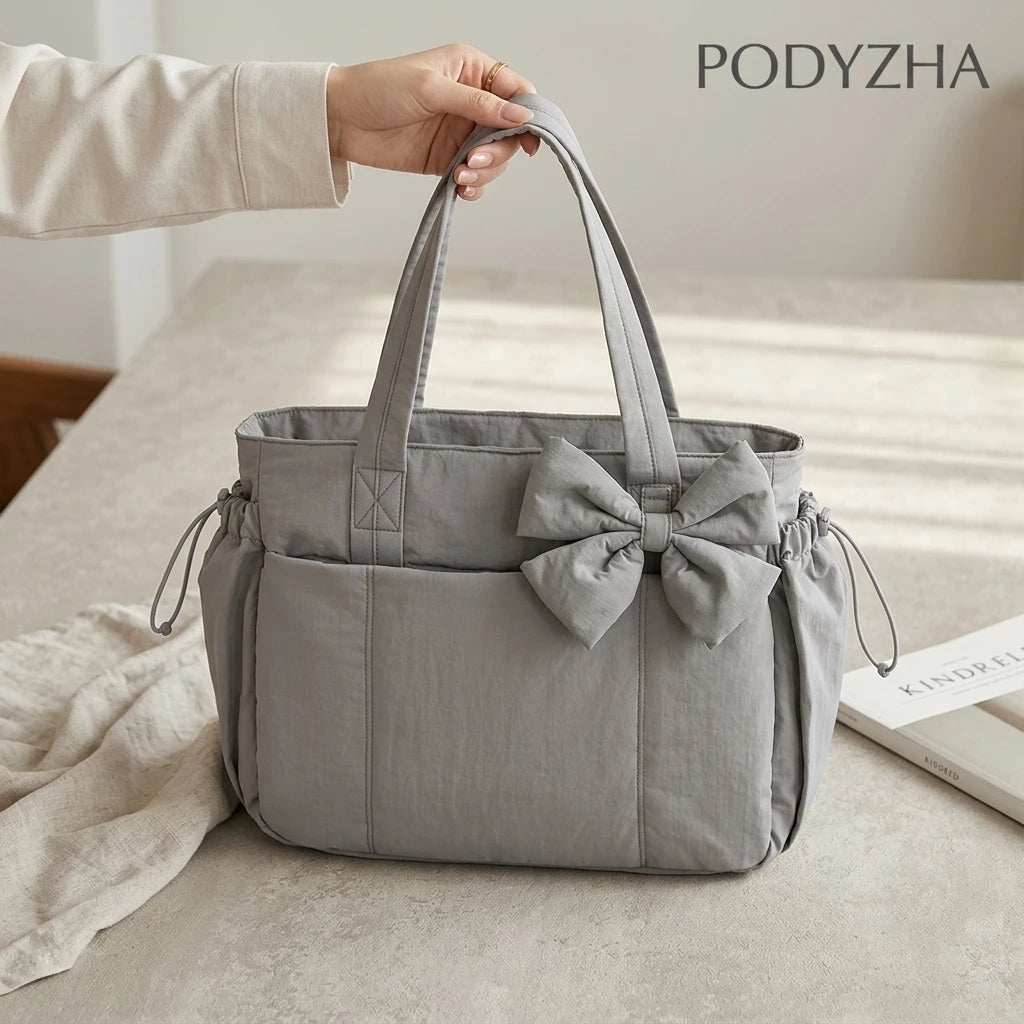 Padded Multi-Compartment Tote Bag — Water-Resistant Laptop Handbag with Bow