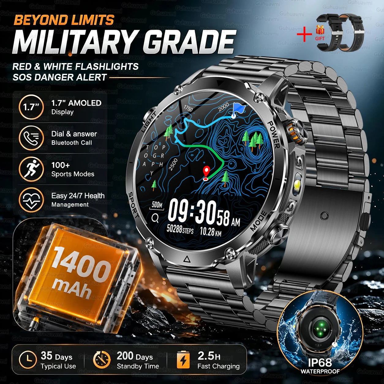 GUHUAVMI Military Smartwatch — 1400mAh Battery with GPS & Flashlight