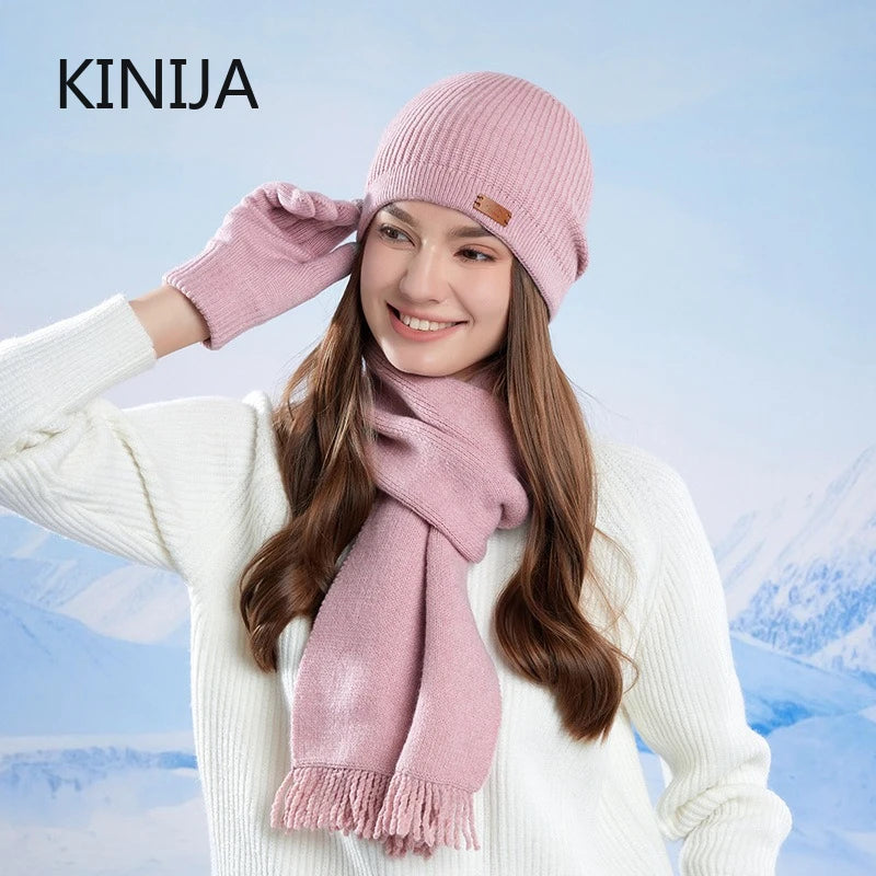 KINIJA Women's Winter Knit Set — Warm Plush Hat, Scarf & Gloves