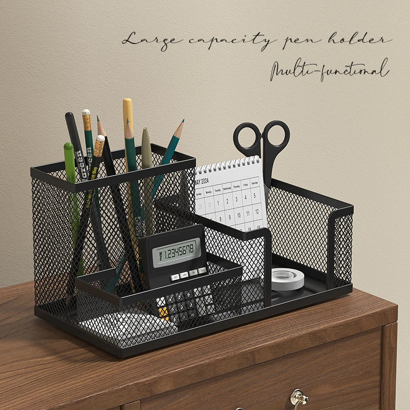 Mesh Desk Organizer — Multi-Compartment Office Storage Caddy, Black