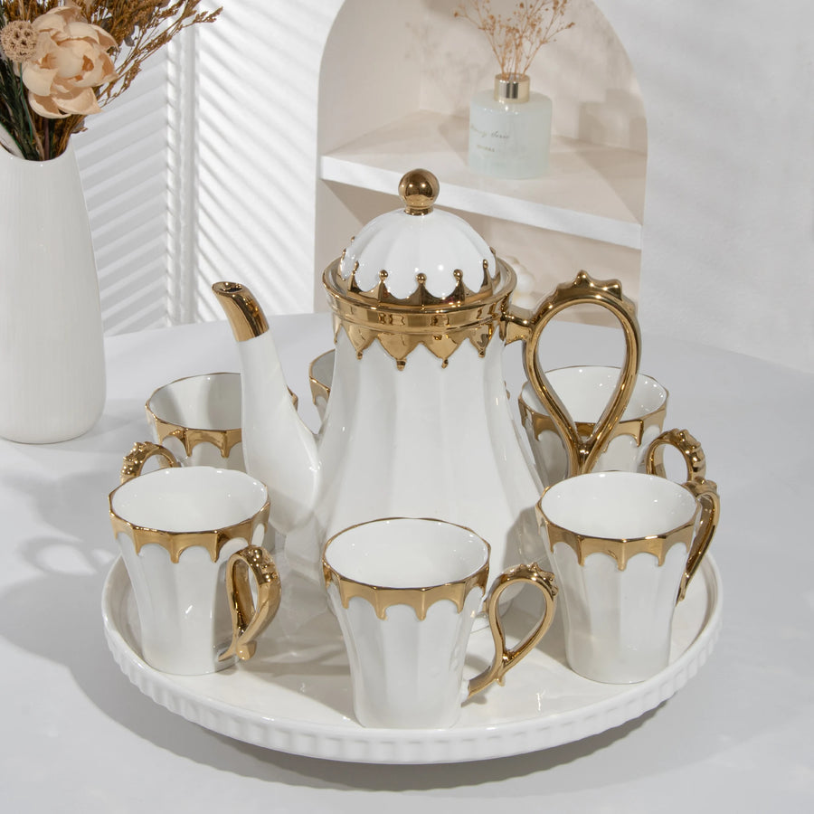 Luxury Porcelain Tea Set — Gilded Ceramic Teapot with 6 Cups and Tray