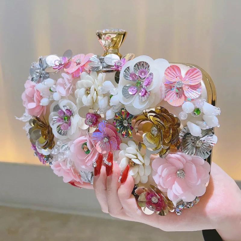 Elegant Floral Evening Clutch — Silk Handbag with Chain Strap