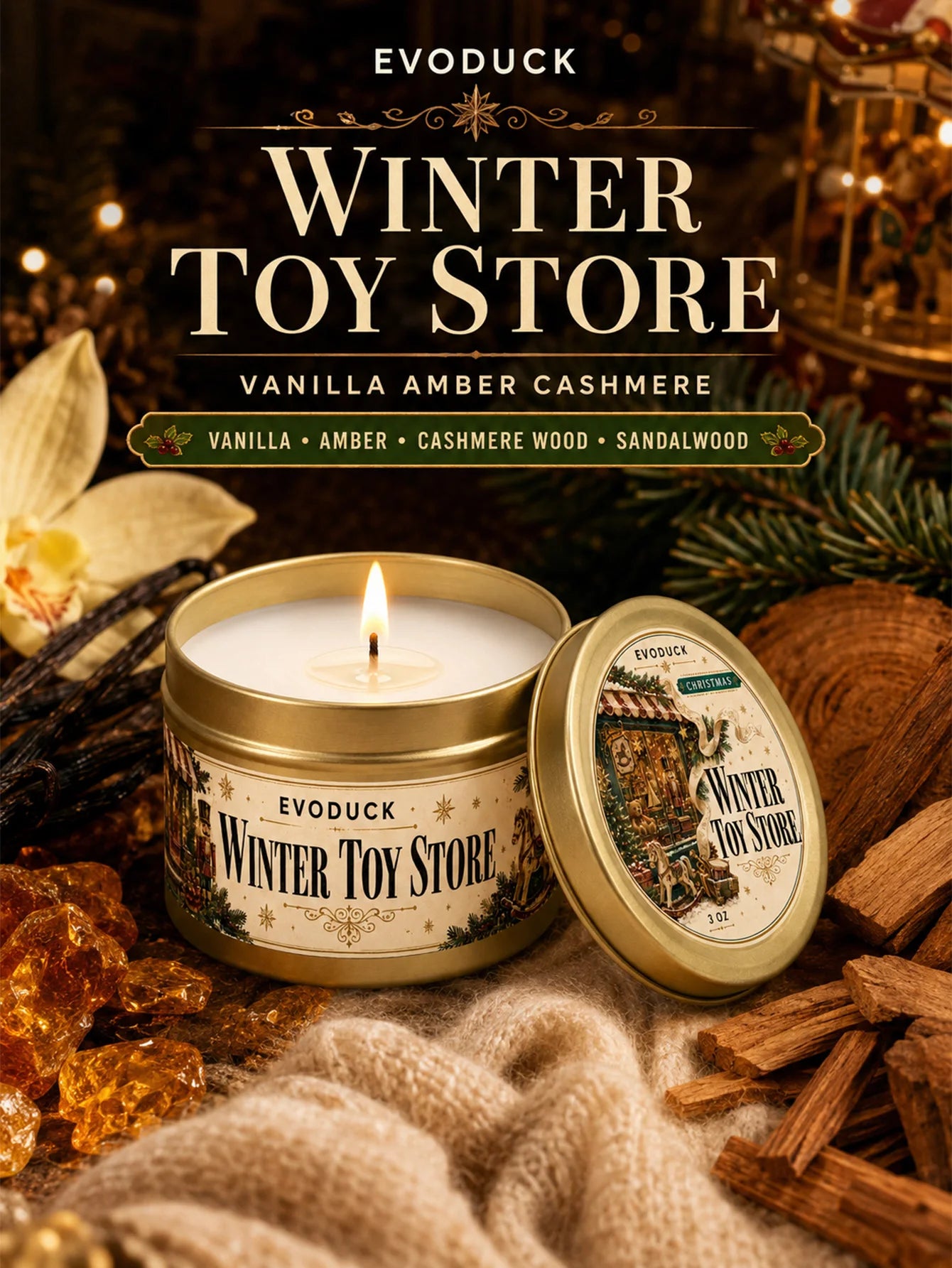 EVODUCK Vanilla Amber Cashmere Candle — Warm Scented Holiday Tin