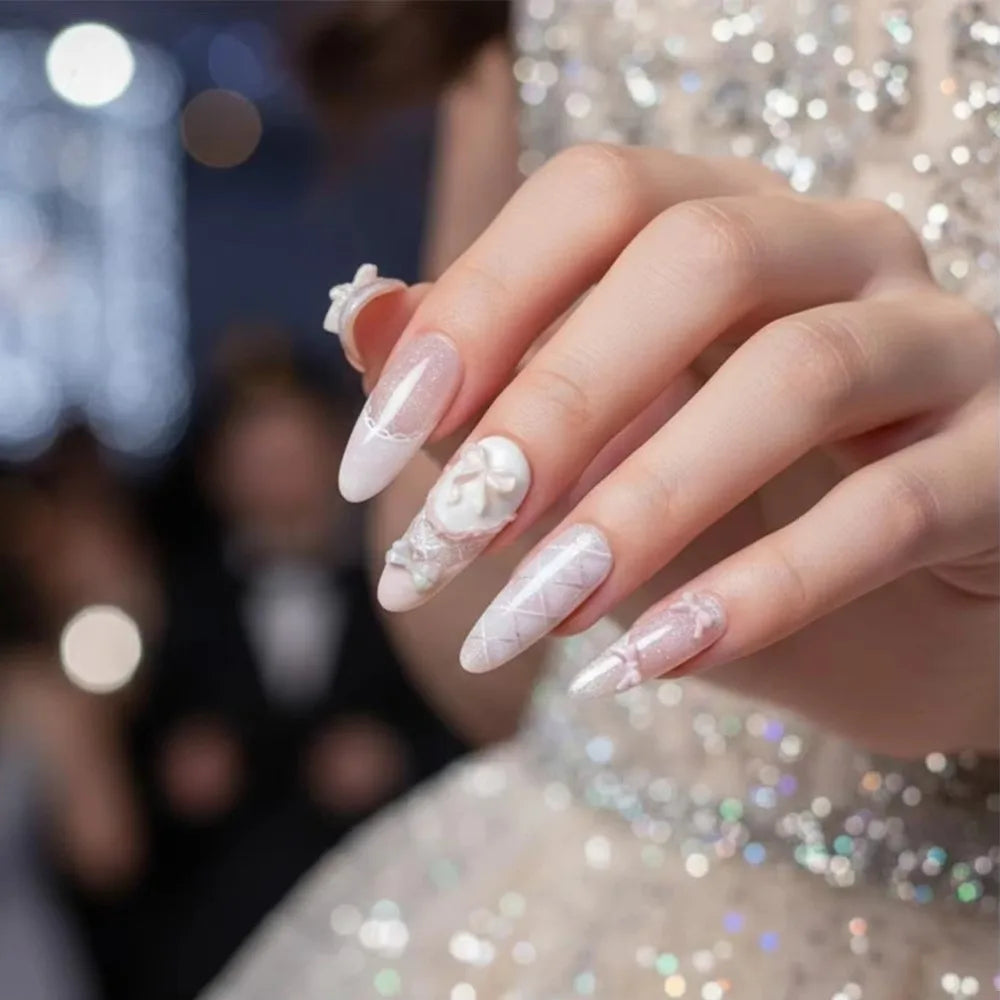 Luxury Cat Eye Press On Nails — Long Coffin Style with Butterfly & Pearl Details