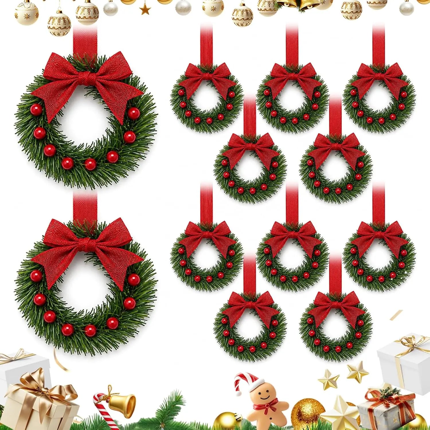 12-Piece Mini Christmas Wreath Set — Small Hanging Holiday Decor for Home and Office