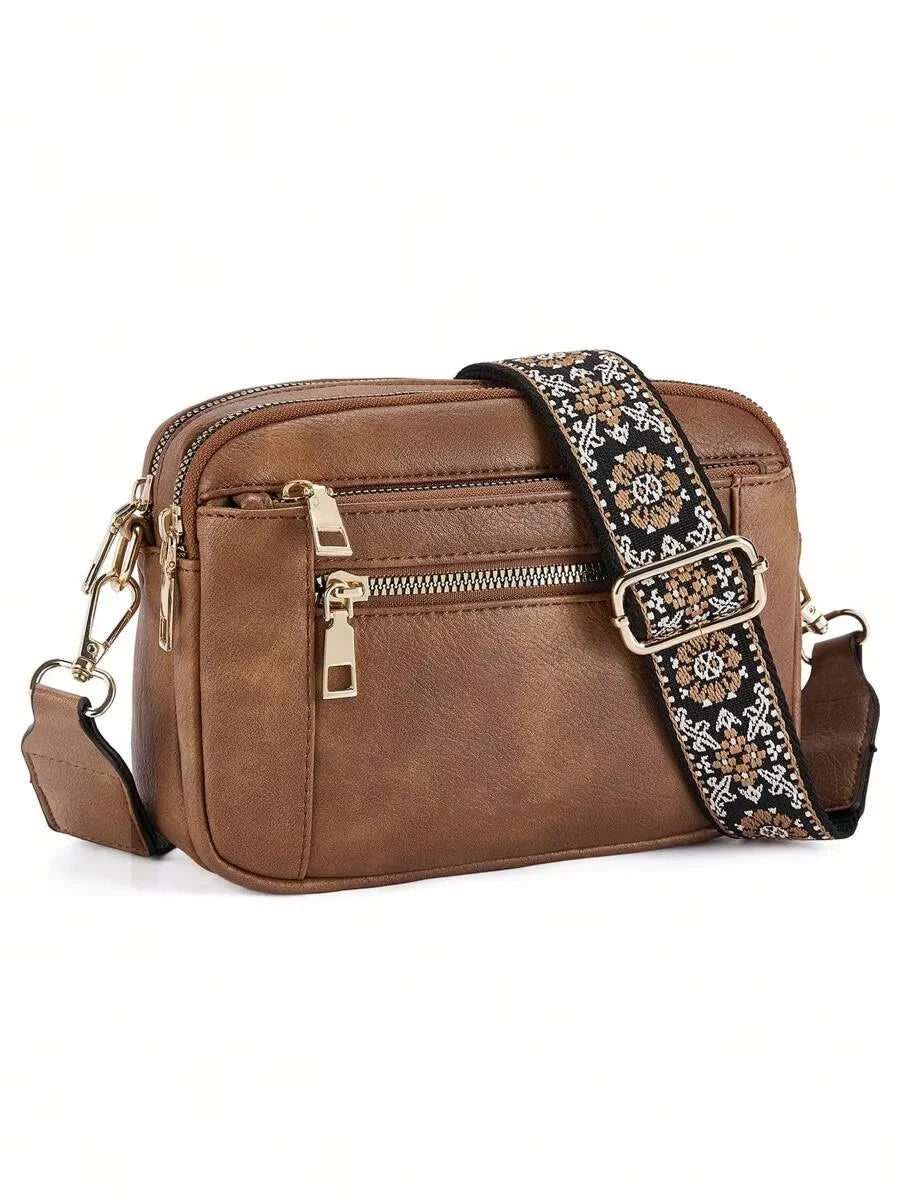 Retro Color-Block Square Handbag — Quilted Embroidery Crossbody Purse