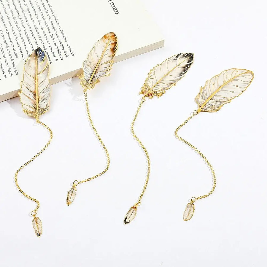 Elegant Metal Feather Bookmark — Decorative Page Marker with Pendant