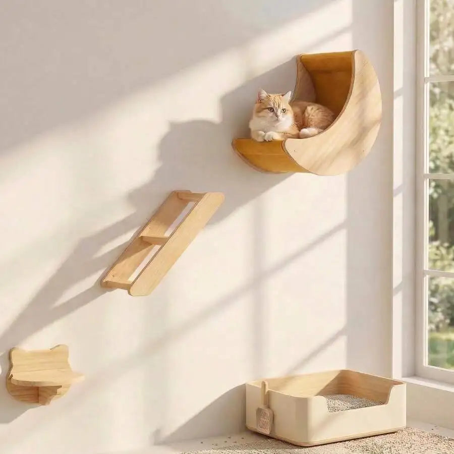 Moon Cat Wall Shelves — 3-Piece Solid Wood Climbing Set
