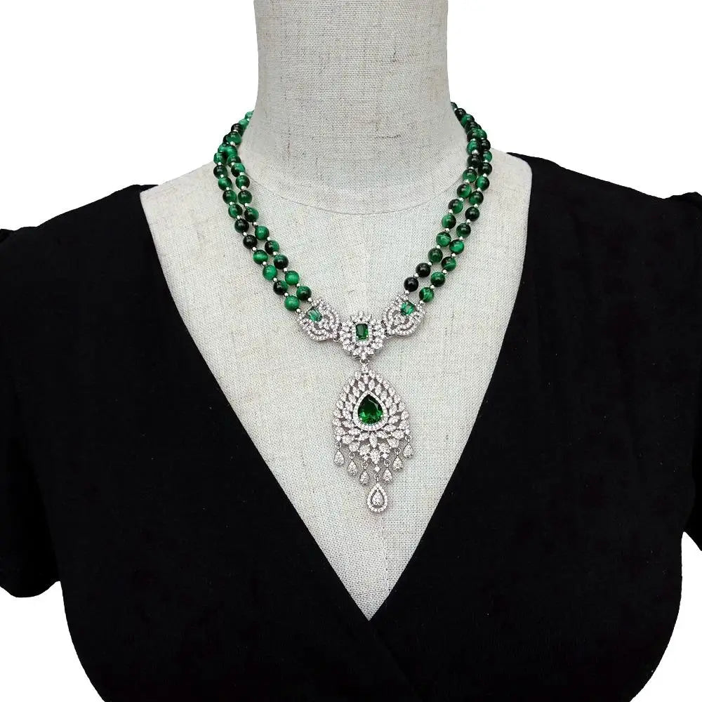SETTIMANA Green Tiger Eye Pendant Necklace — Double Strand CZ Pave Jewelry