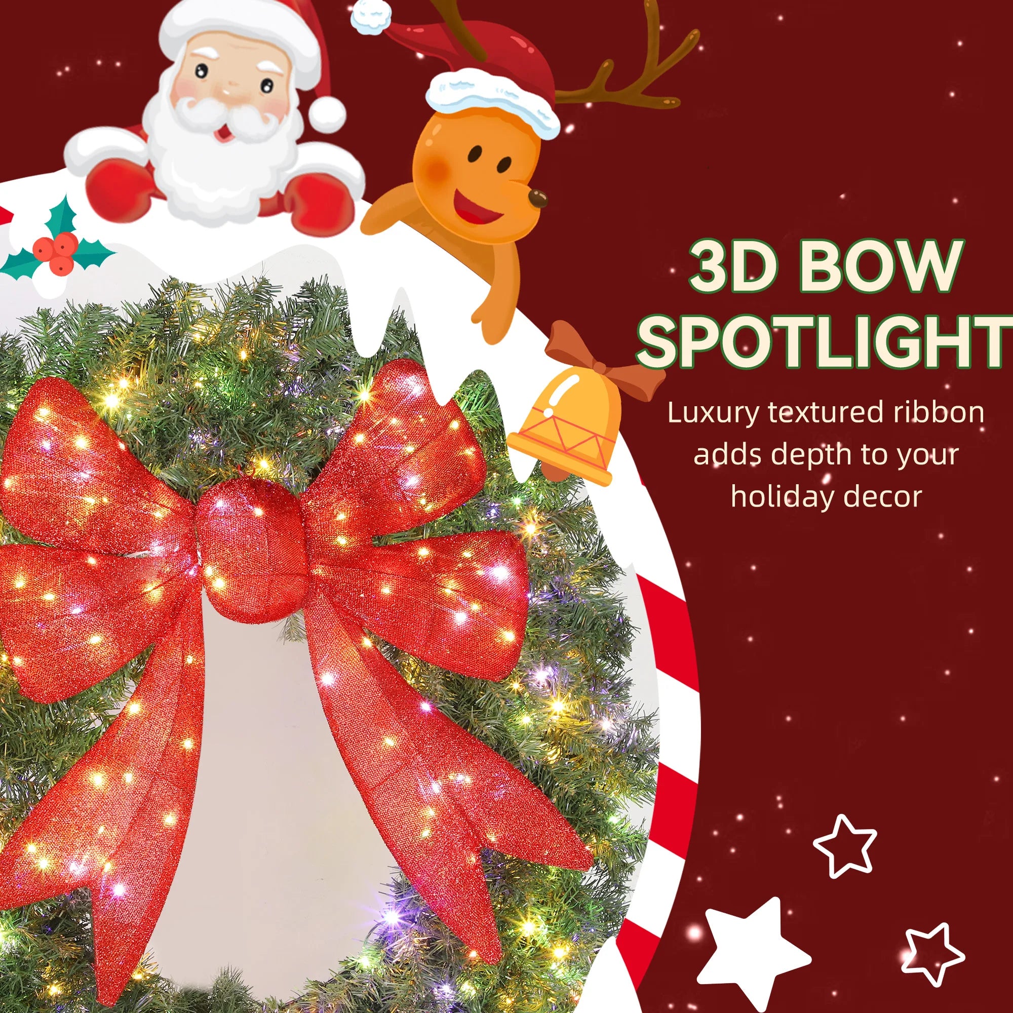HOMCOM 48in Flocked Christmas Wreath — Pre-Lit with 3D Red Bow