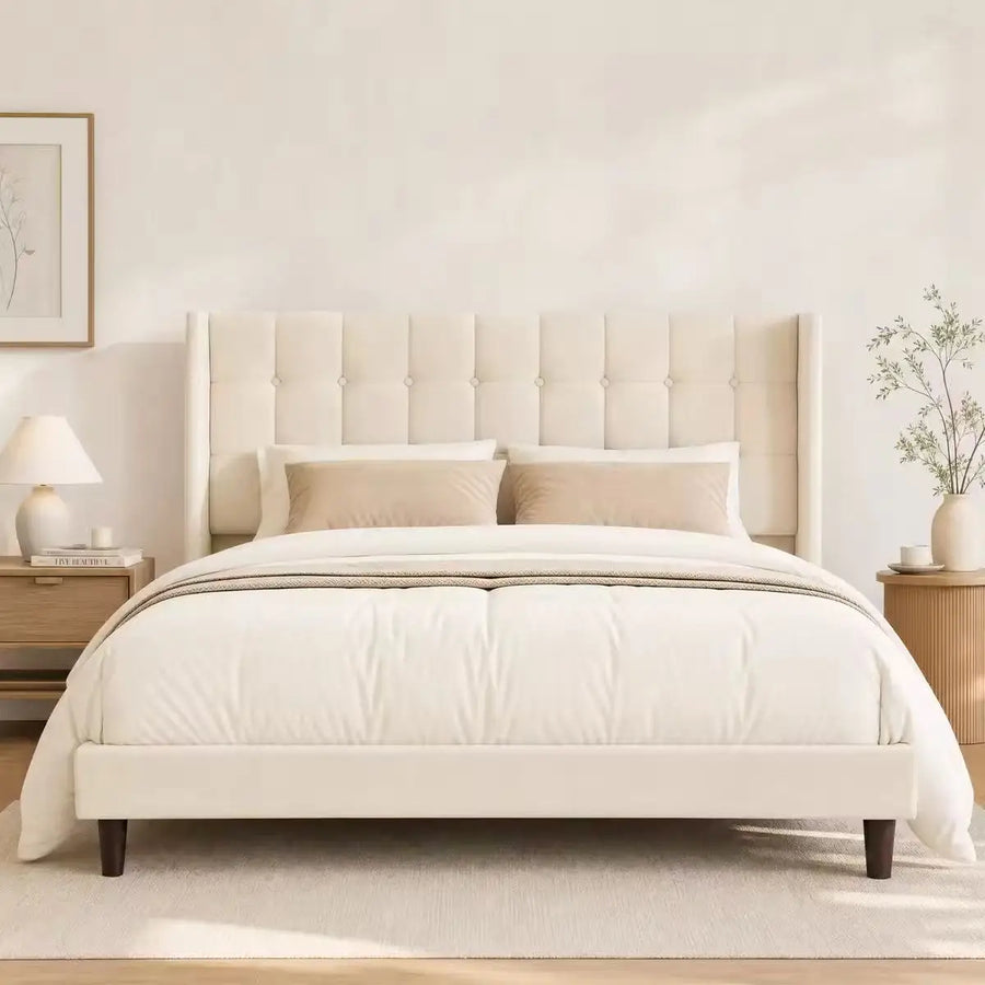 Sismplly Wingback Upholstered Platform Bed Frame — Tufted Linen Headboard