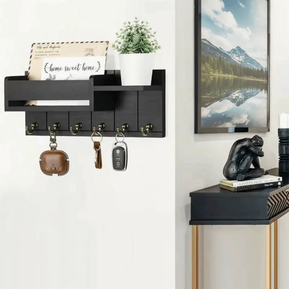 Wooden Wall Mount Key Holder — 6 Hook Organizer with Mail Sorter & Shelf