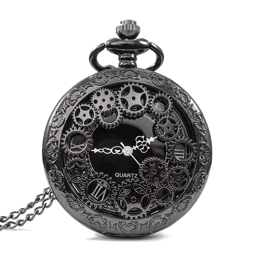 Vintage Steampunk Gear Pocket Watch — Antique Hollow Design Pendant with Chain