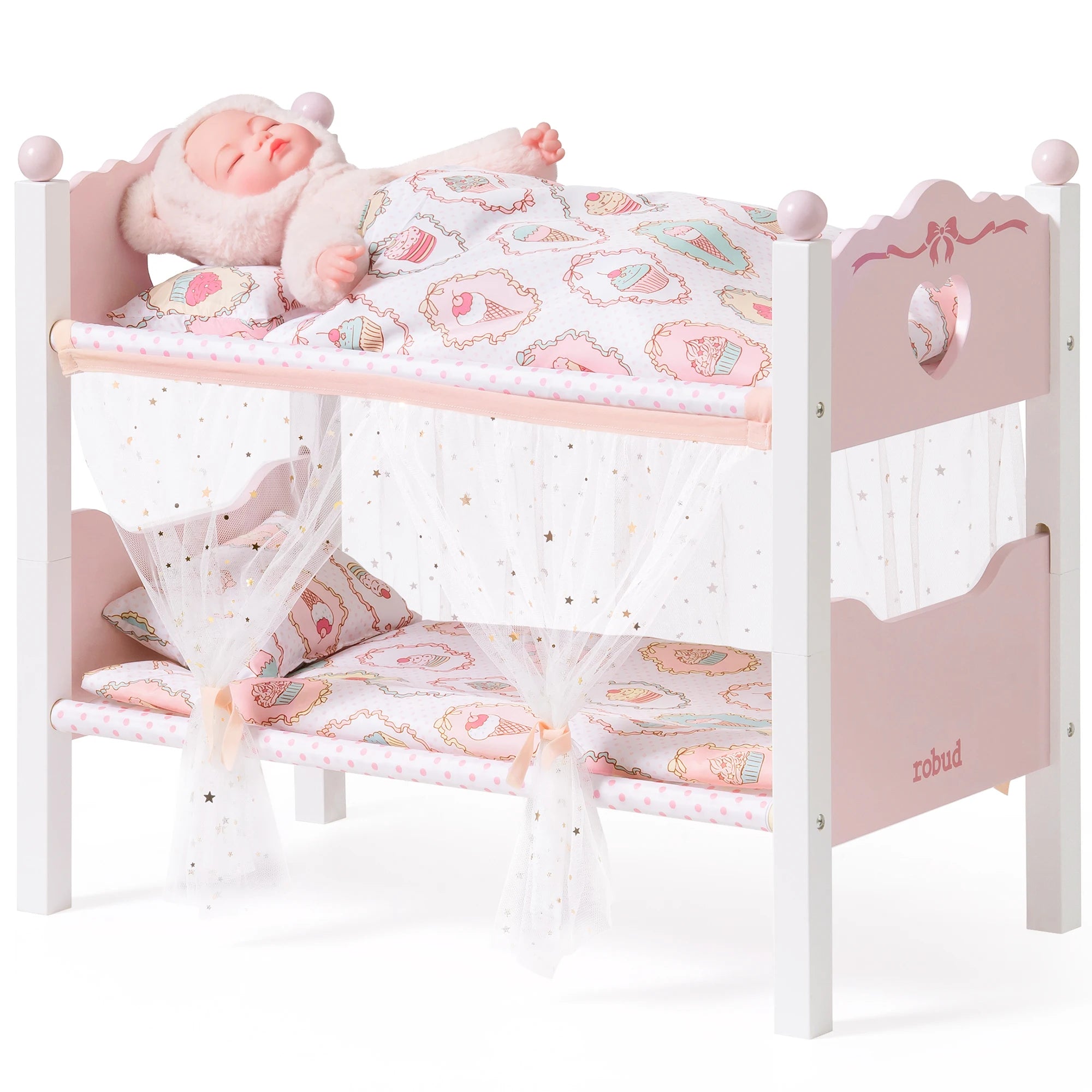 Robud Wooden Baby Doll Bunk Beds — Convertible 2-in-1 Toy Crib Set