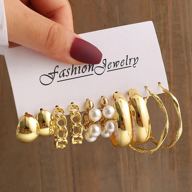 Vintage Geometric Pearl Earrings Set — Gold Tone Dangle & Stud Jewelry