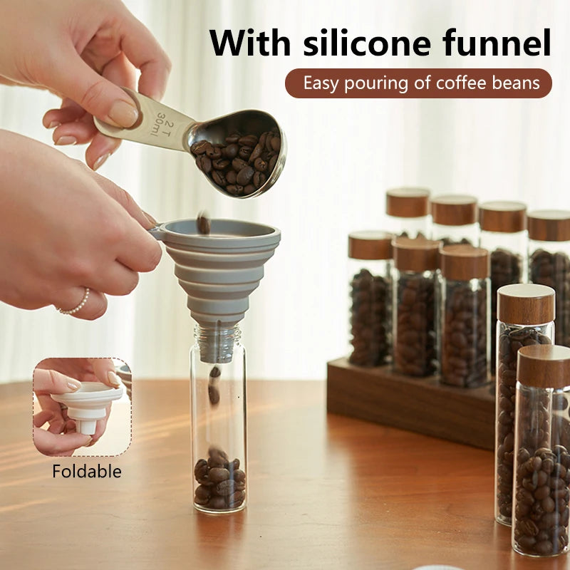 ALIKISSCAFE Coffee Bean Storage Container — Walnut Display Rack & Glass Tubes