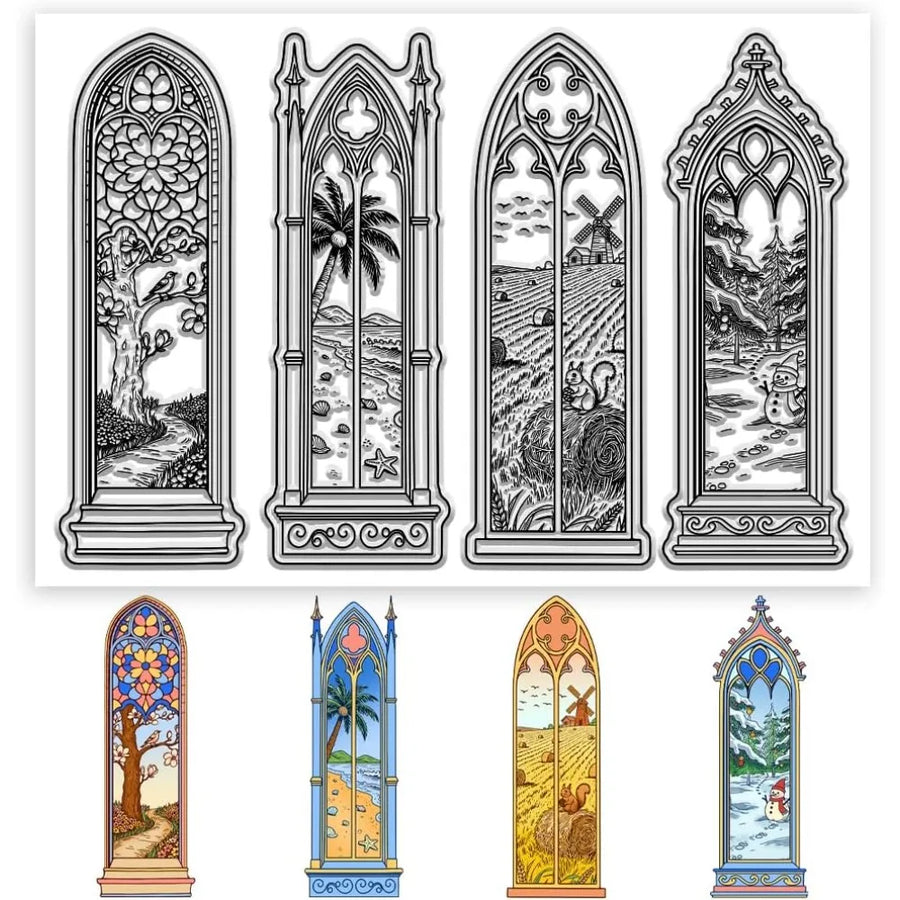 Four Seasons Window Clear Stamps — Gothic Landscape Pattern for Scrapbooking