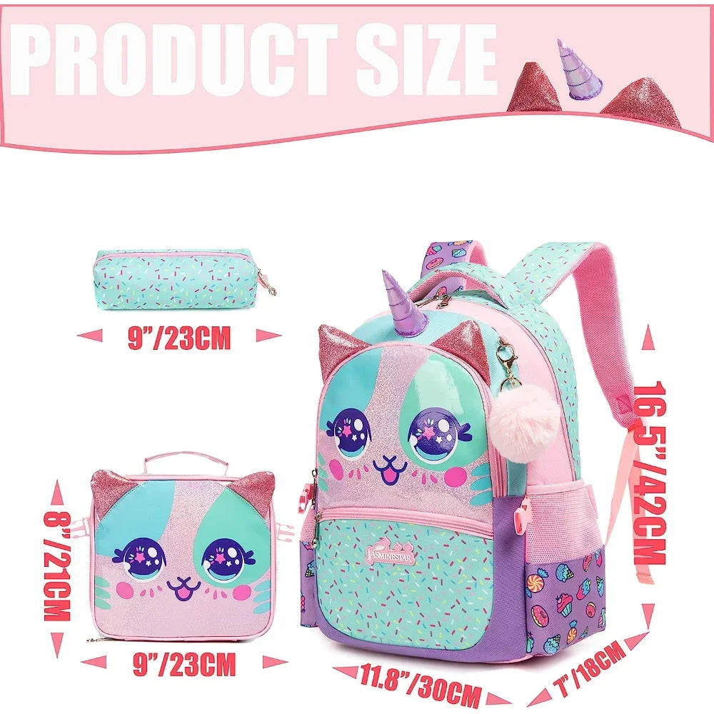 Bikab 3-Piece Girls Backpack Set — Cute School Bag with Matching Lunch Box