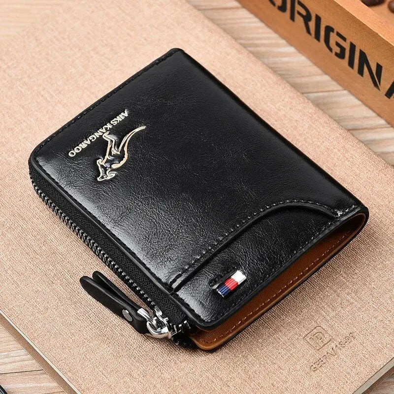 Men's Leather Business Card Holder — Slim Zippered RFID Protection Wallet