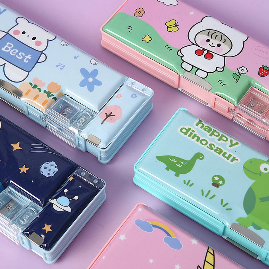 Cartoon Stationery Pencil Case — Cute Plastic Storage Box with Sharpener