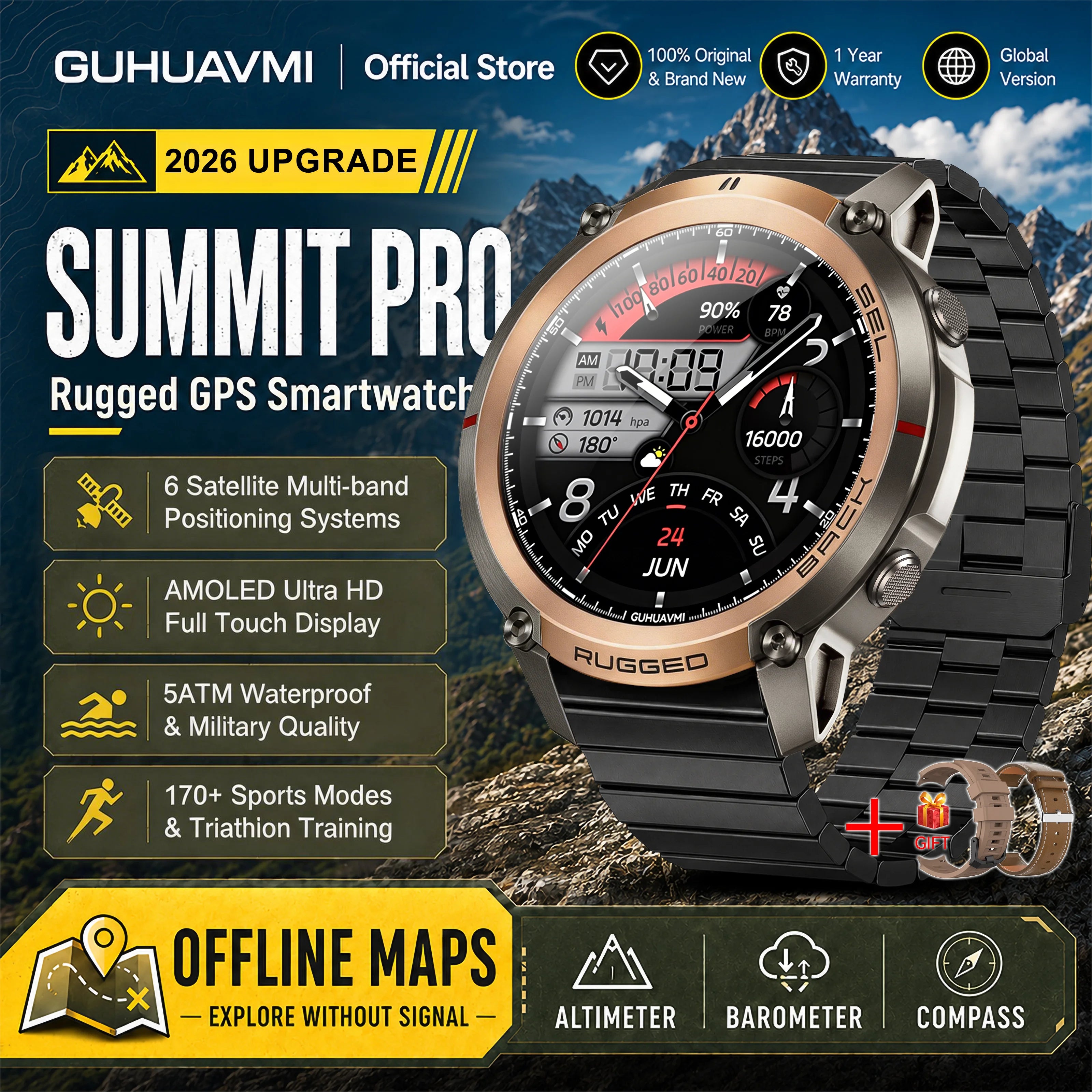 GUHUAVMI Military GPS Smartwatch — Offline Map & 5ATM Waterproof Sports Watch